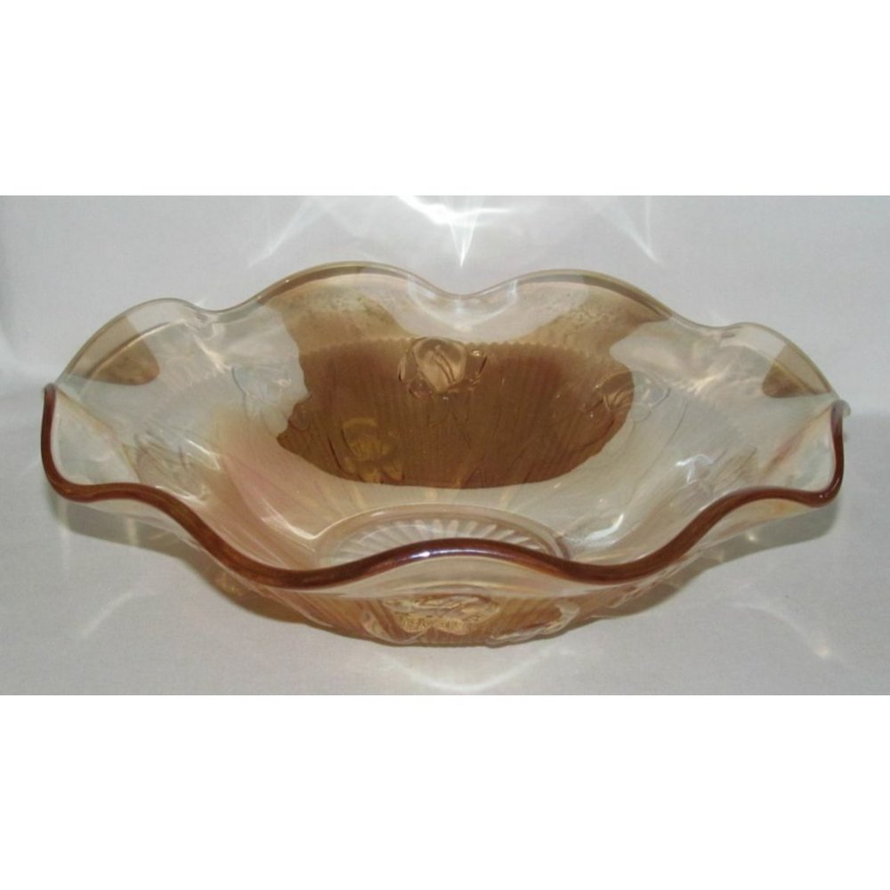 Jeannette Glass IRIS AND HERRINGBONE Marigold Iridescent Lg Ruffled Fruit Bowl